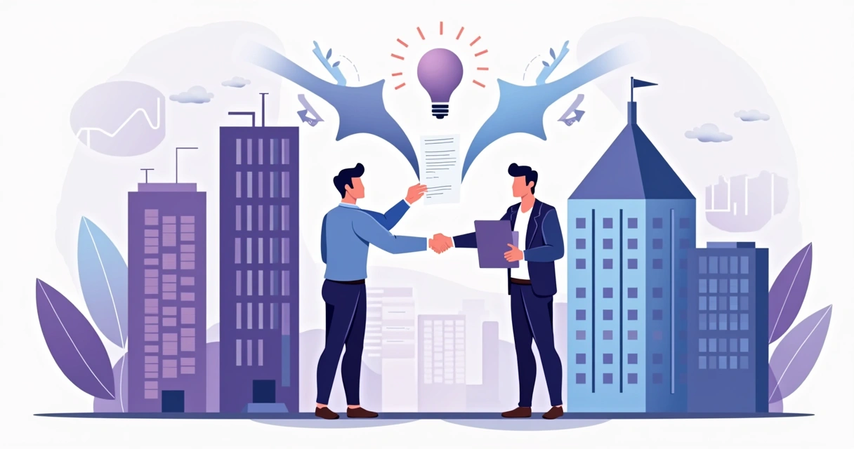 Representação visual de duas empresas trocando ideias e recursos em um acordo estratégico 