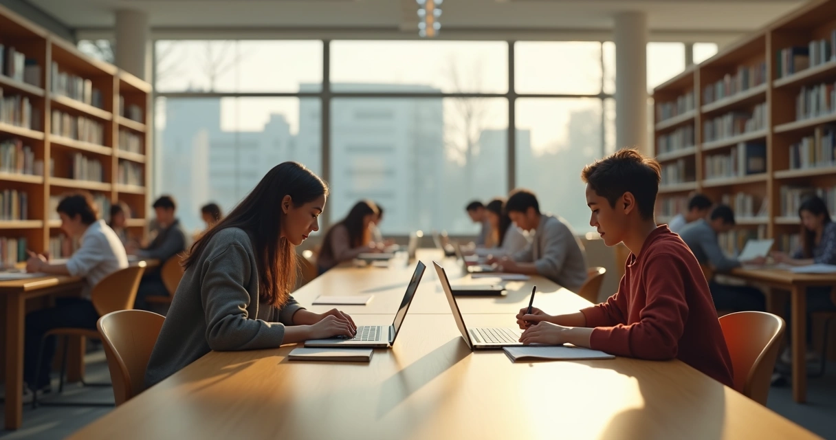 Estudante observando grupos em biblioteca com conexões sutis entre colegas 