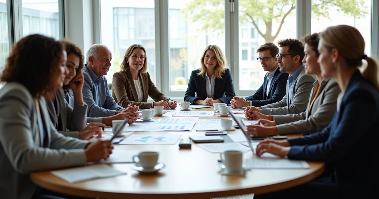 Encuentro entre ciudadanos y representantes institucionales en una mesa redonda, discutiendo y compartiendo ideas. 