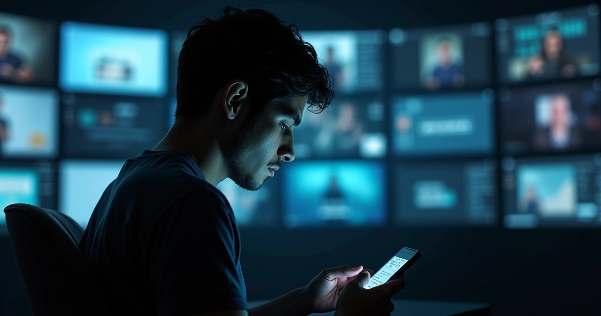 Pessoa olhando para celular com expressão distante, cercada de telas digitais brilhantes. 