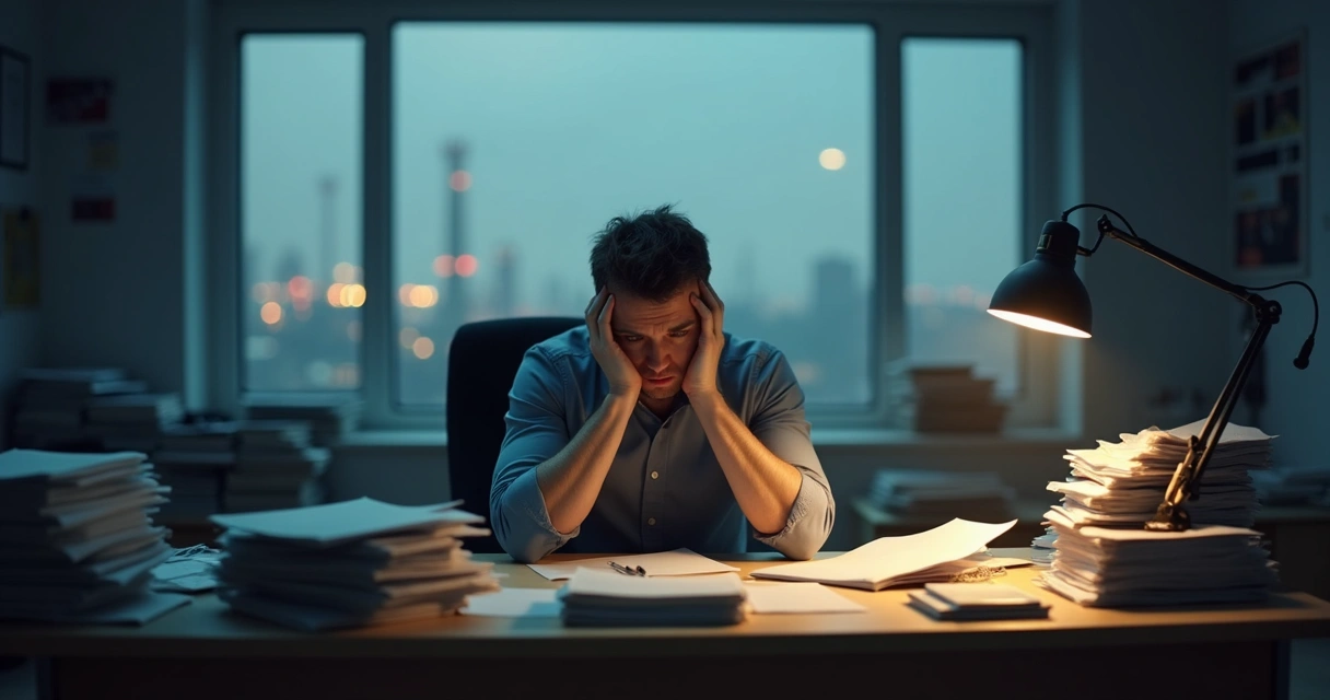Homem sentado à mesa cercado de pilhas de papel, olhar distante 