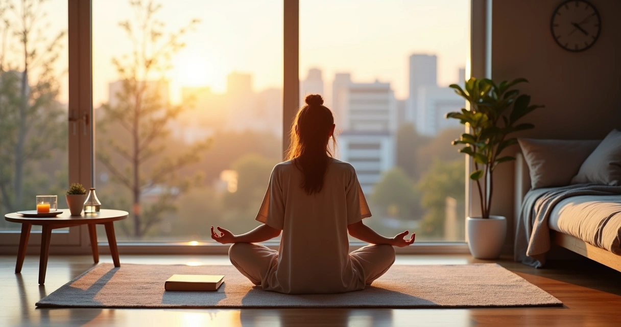 Person journaling after meditation at sunrise with city view 