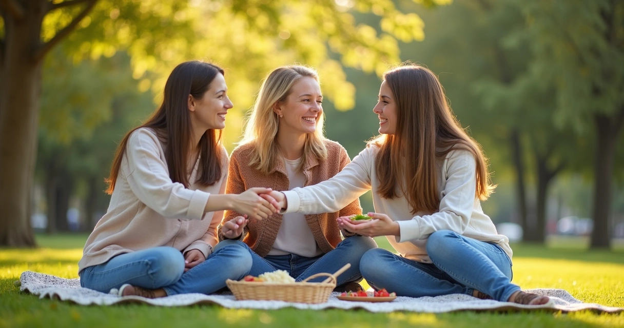 Three diverse friends laughing together at a park, sharing snacks, relaxed atmosphere