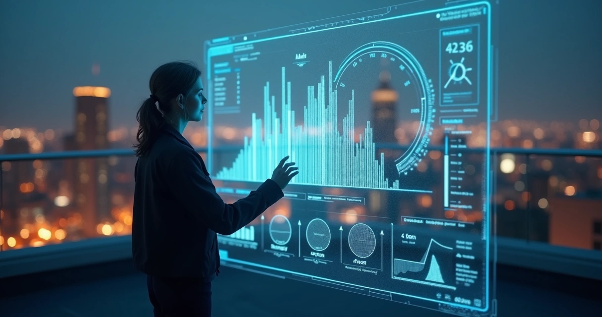 Person adjusting glowing markers on a transparent goal dashboard at night 