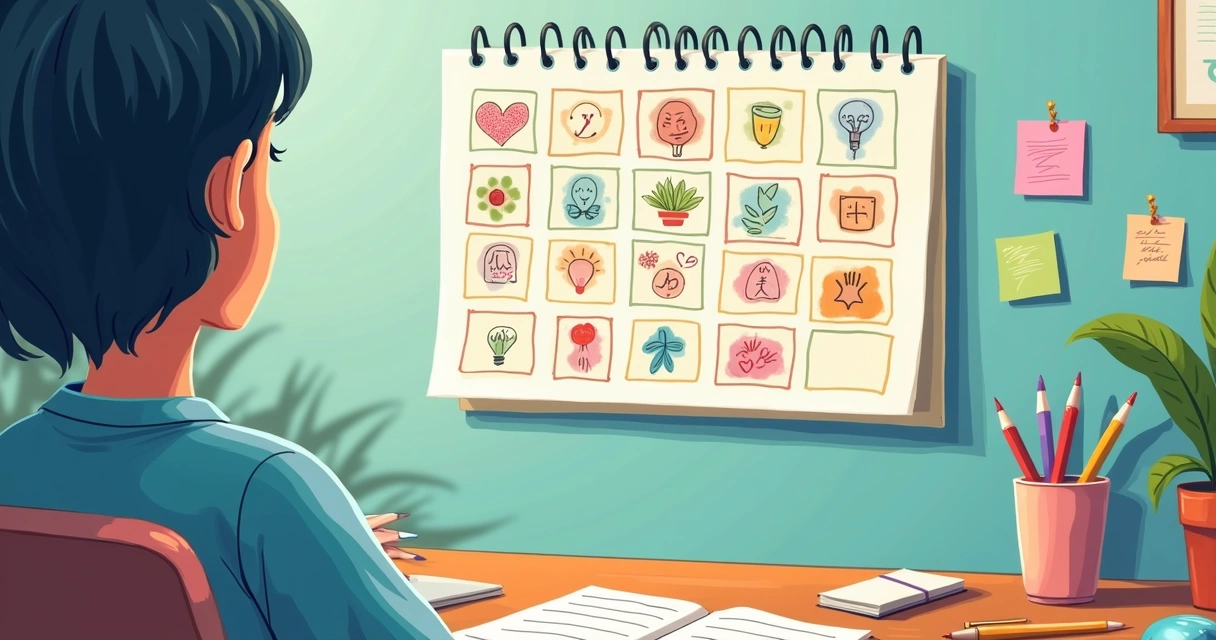 Illustration of a calendar with habits and value symbols 