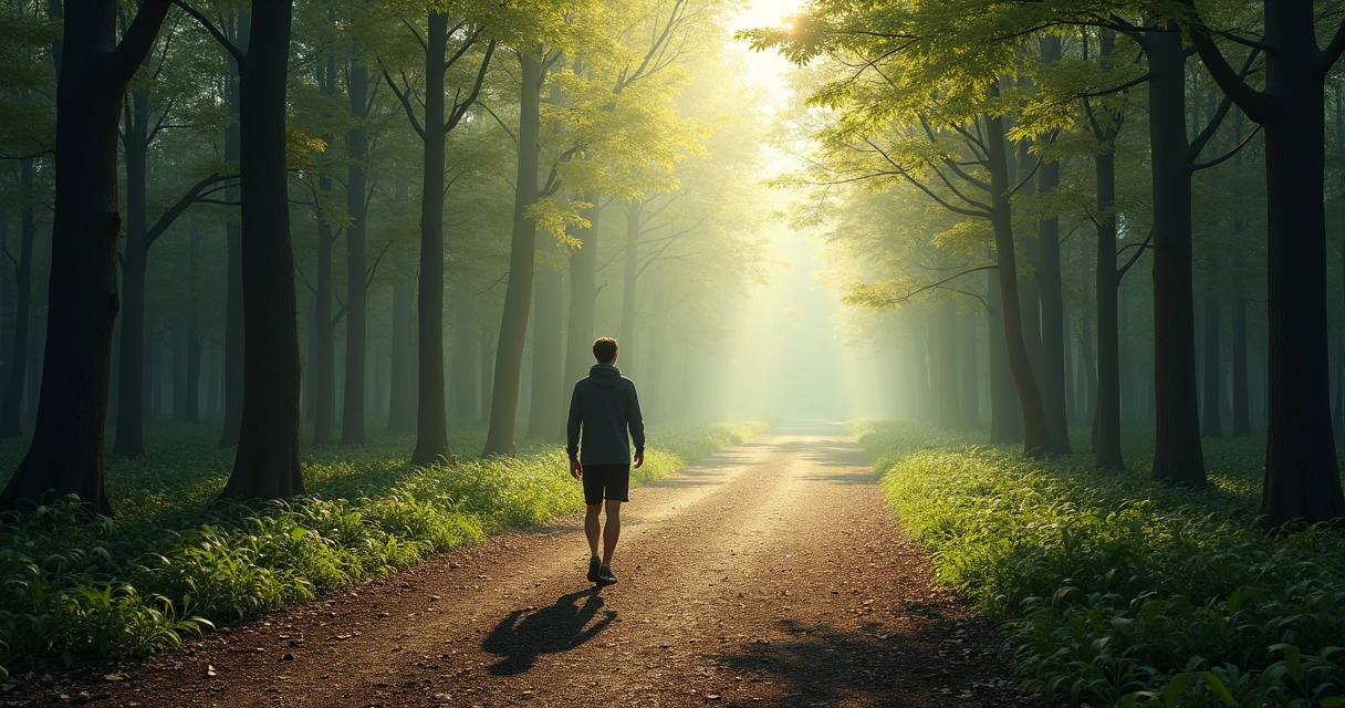 Person choosing a clear path in a forest with sunlight ahead 