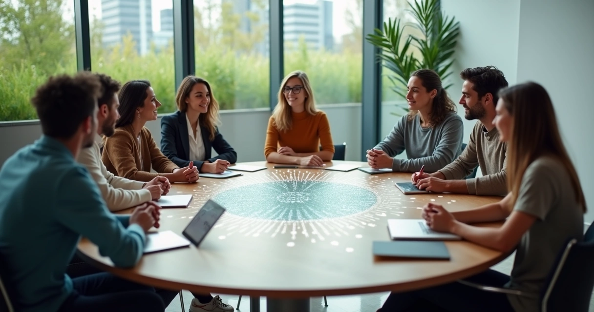 Diverse team sitting in a circle table sharing ideas calmly 