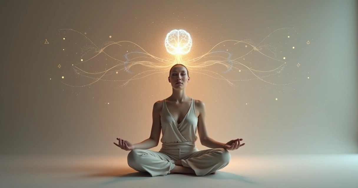 Person meditating with glowing connections between brain heart and body 