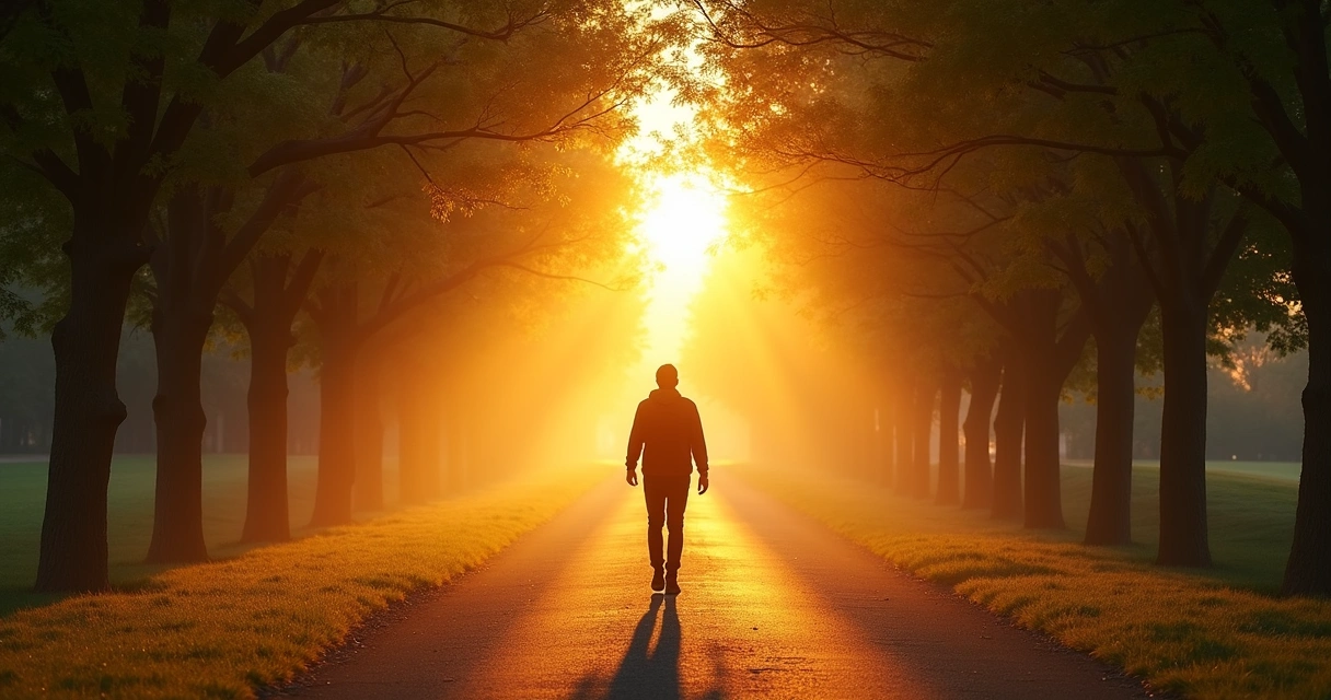 Person walking toward sunrise over a peaceful path
