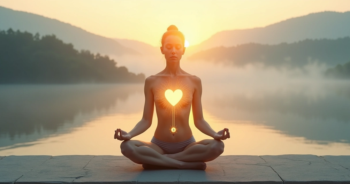 Person meditating with glowing mind and heart in balance 