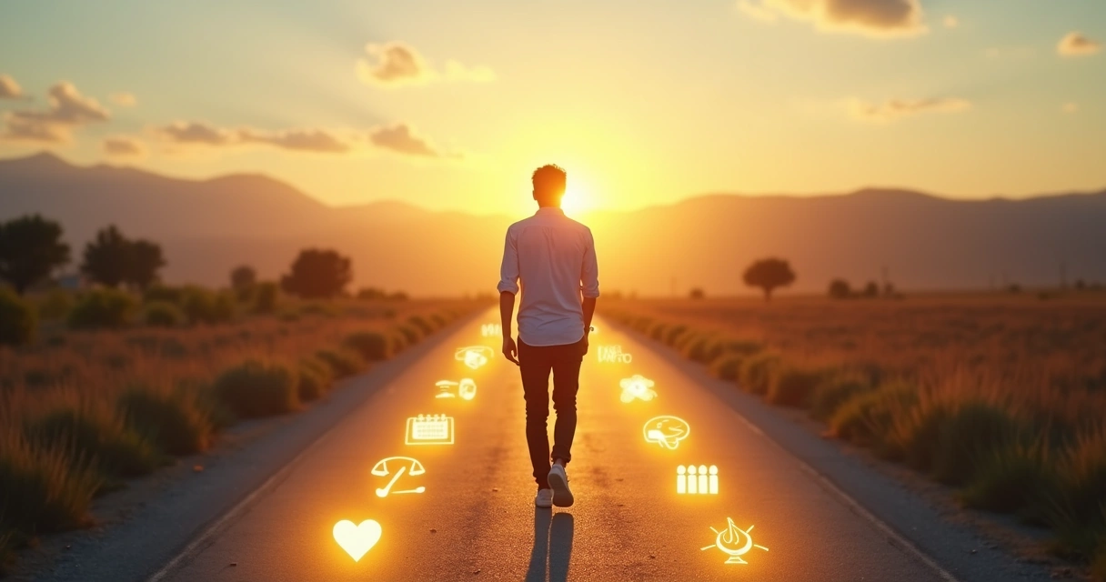 Person walking on a path where glowing values icons align with their footsteps 