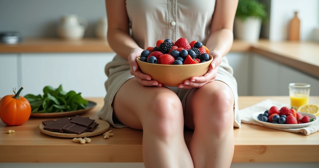 Mulher segurando tigela de frutas antioxidantes com destaque para pernas saudáveis 
