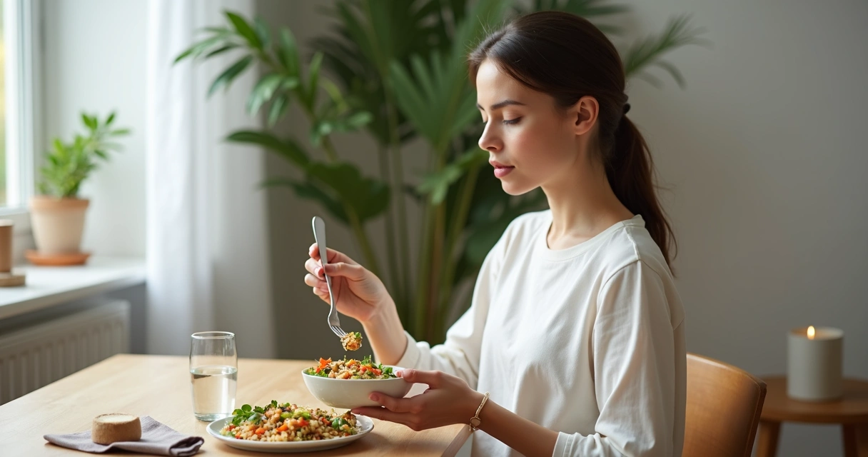 Mulher em mesa minimalista comendo com atenção plena 