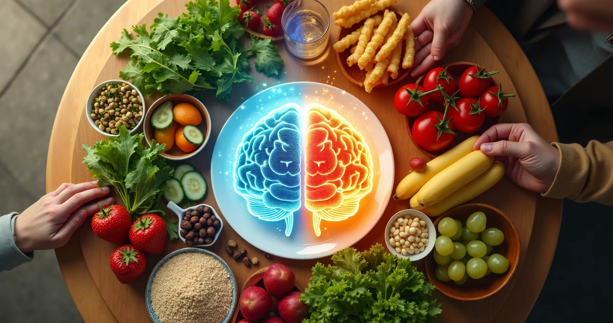 Mesa de refeição saudável vista de cima com frutas, legumes e ilustração de cérebro luminoso no centro 