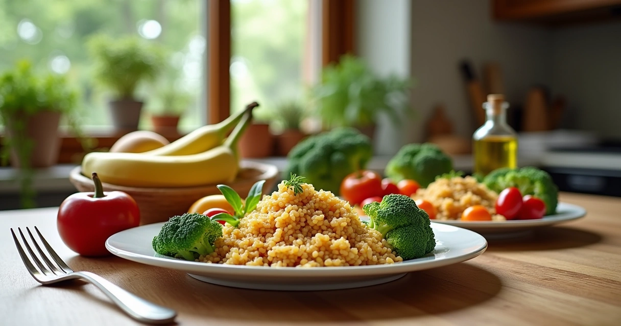 Prato colorido com alimentos saudáveis como arroz, legumes, frutas e nozes em uma mesa de madeira.