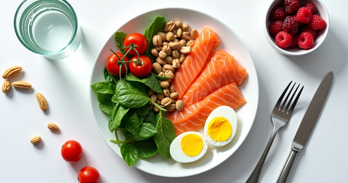 Alimentos saudáveis juntos em prato para cicatrização após cirurgia de aumento peniano 