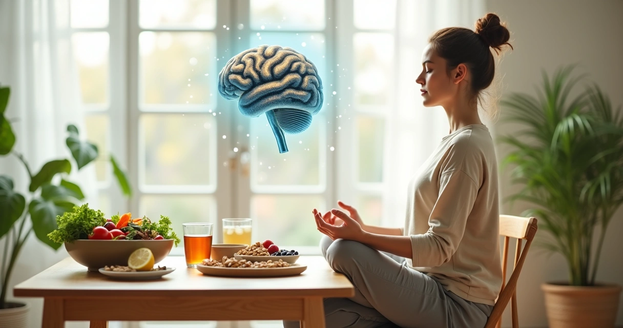 Mulher meditando à mesa com alimentos saudáveis ao lado de um cérebro ilustrado 