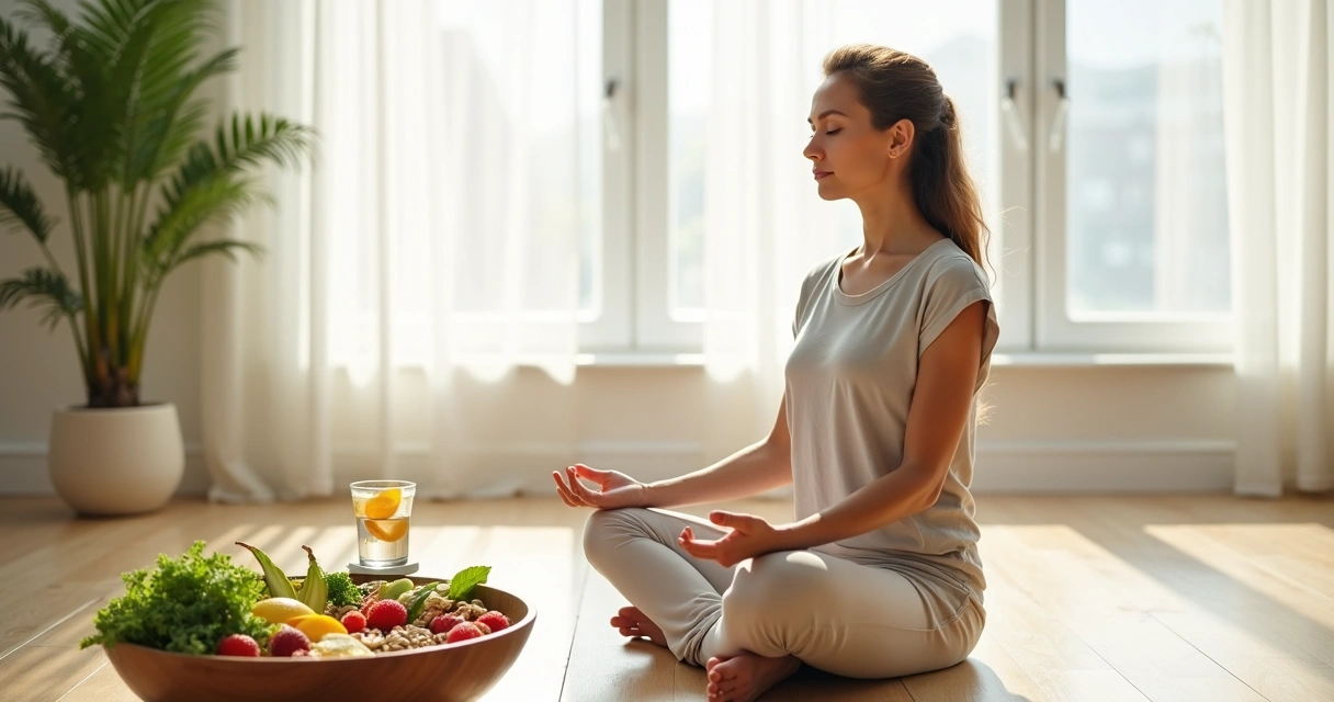 Mulher em meditação sentada ao lado de tigela com alimentos naturais e coloridos 
