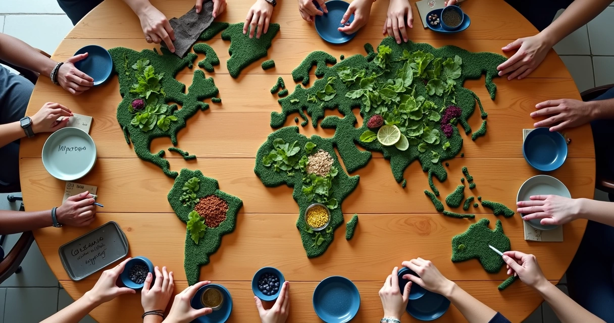 Mesa de alimentação saudável em formato de mapa-múndi vista de cima 