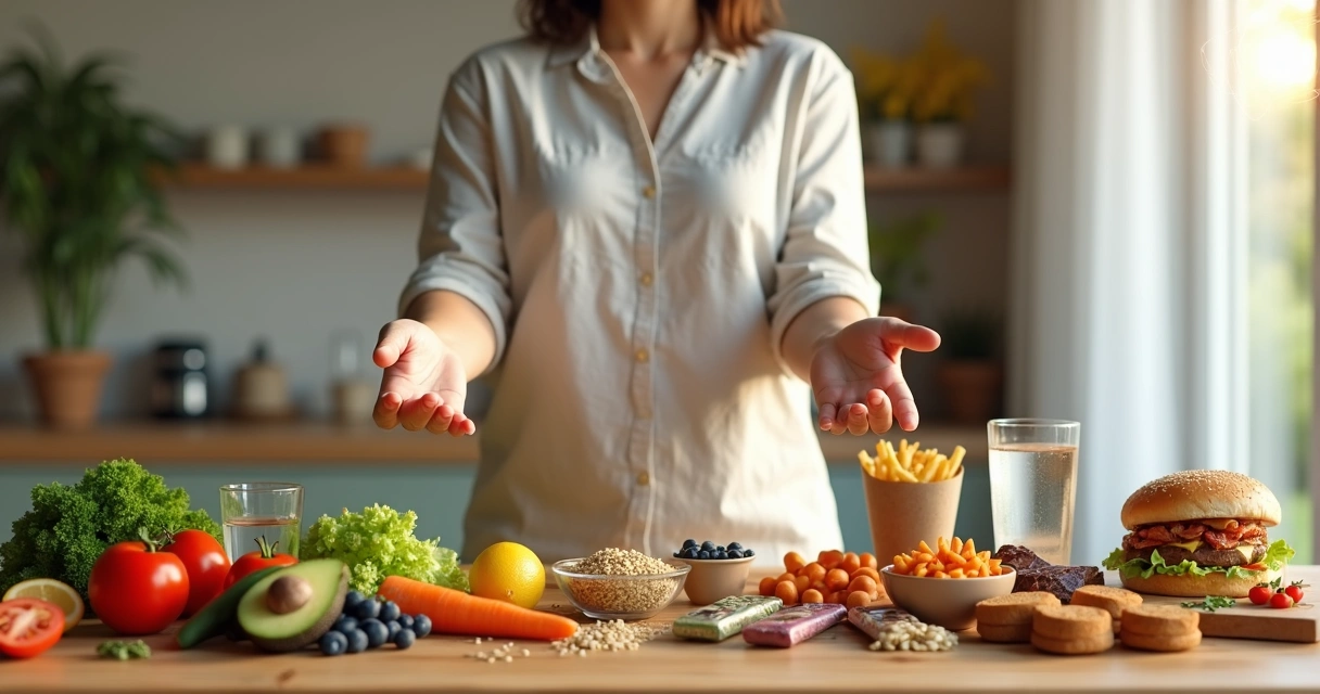 Pessoa escolhendo entre alimentos naturais e ultraprocessados em uma mesa dividida ao meio 