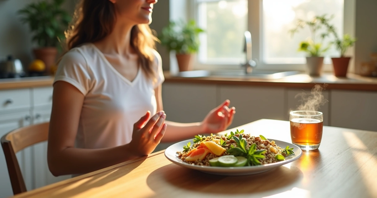 Pessoa meditando à mesa antes de uma refeição saudável colorida 