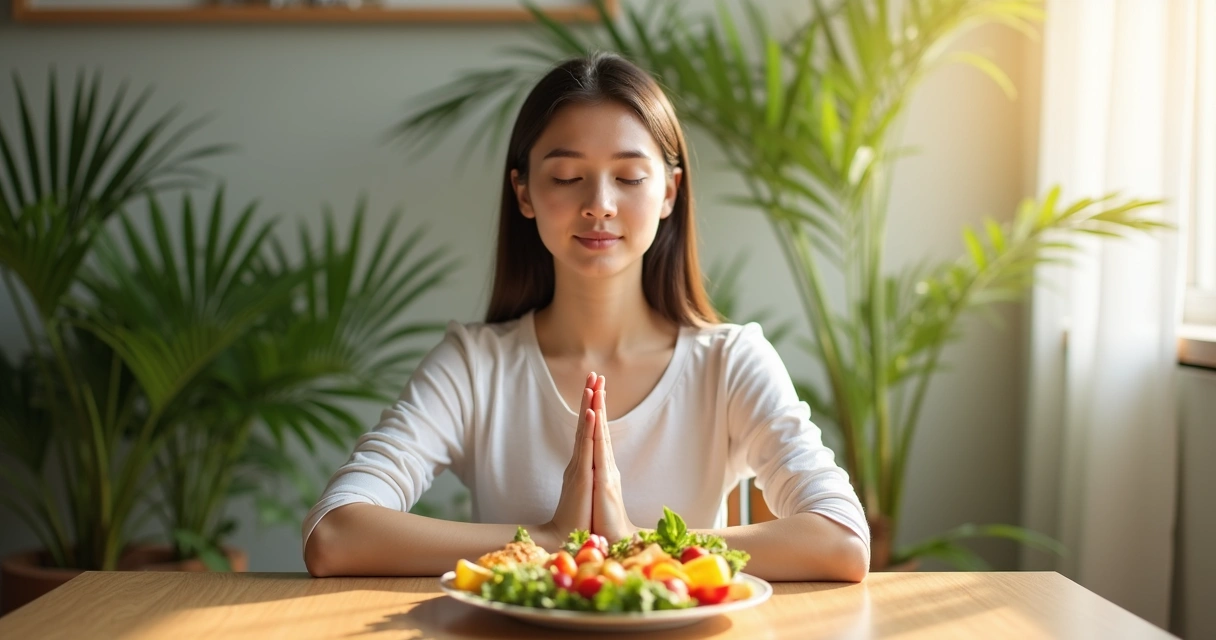 Mulher sentada à mesa com prato saudável e mãos em posição de oração sobre alimentos