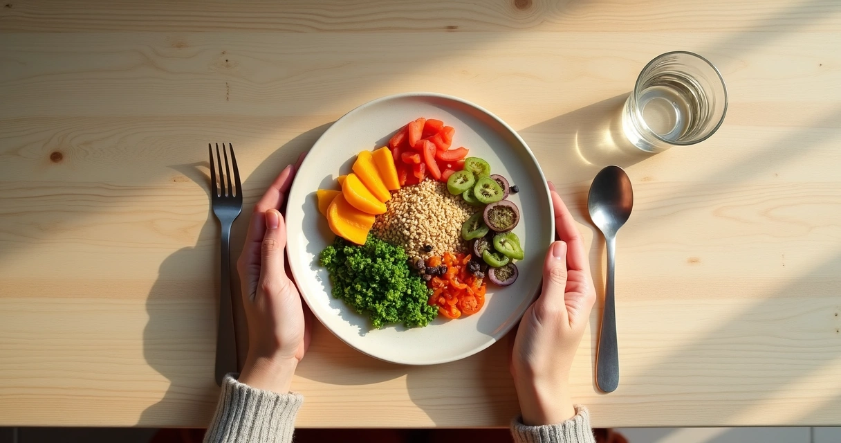 Mesa com refeição simples observada com atenção aos sentidos