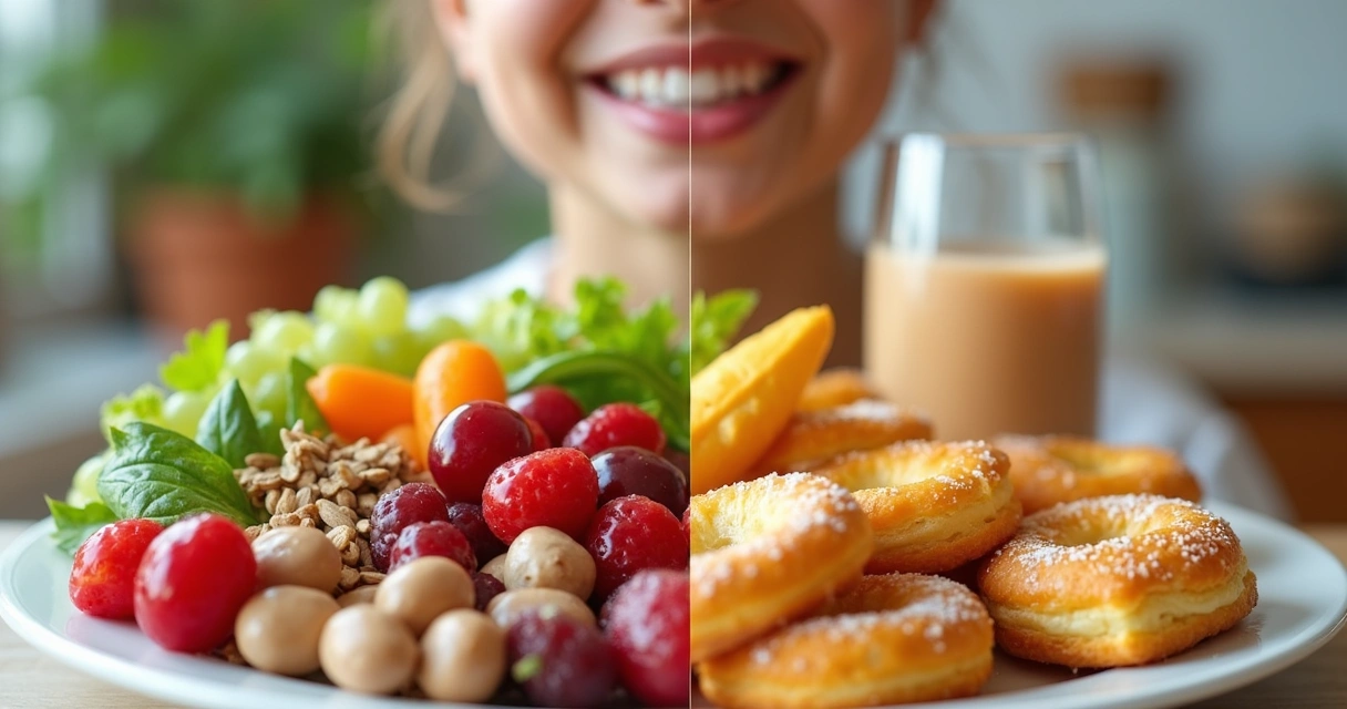 Mesa com alimentos saudáveis e doces próximos de um sorriso saudável 