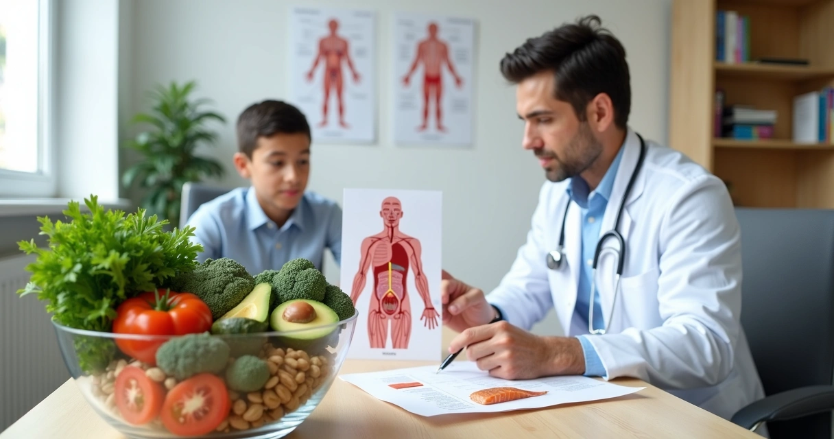Médico mostra frutas e esquema anatômico dos testículos em consulta de orientação nutricional 