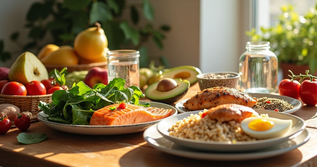 Alimentos integrais, proteínas magras, frutas e verduras frescas em uma mesa 