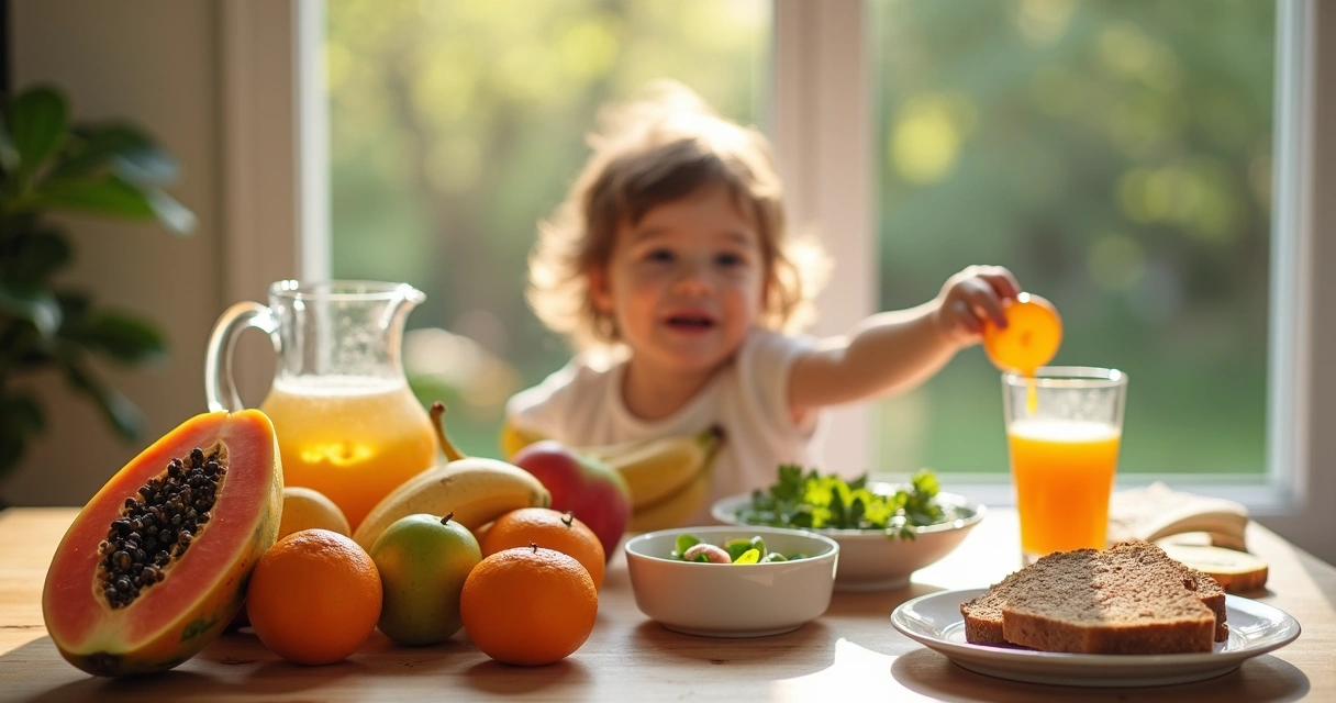 Mesa com alimentos ricos em fibras, frutas coloridas, pão integral e água. 
