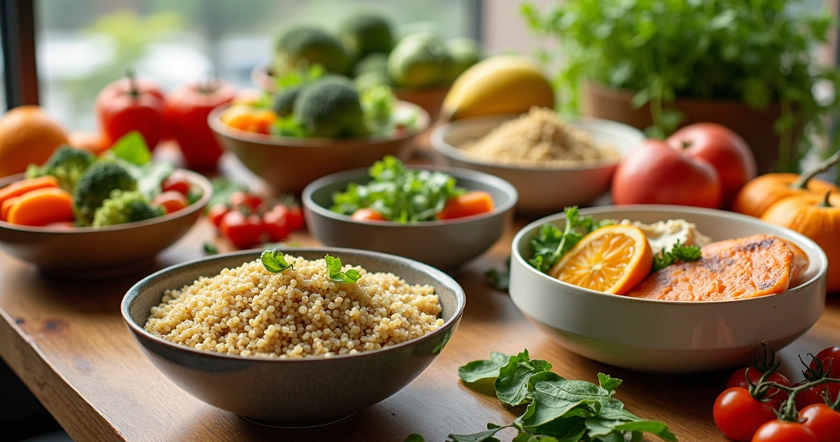 Mesa com alimentos equilibrados e coloridos, grãos, vegetais, proteínas e frutas, compondo uma refeição completa