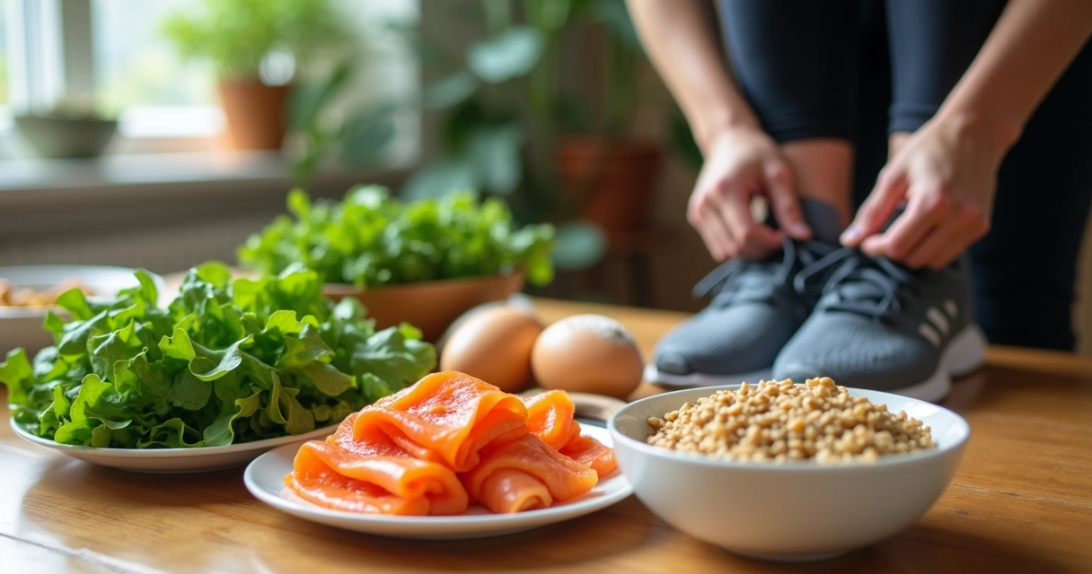 Mesa com alimentos saudáveis e pessoa amarrando tênis de corrida 