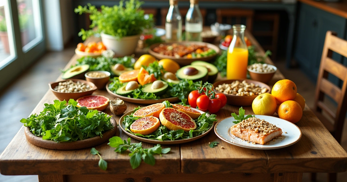 Mesa com alimentos saudáveis incluindo frutas, vegetais, sementes e peixes 