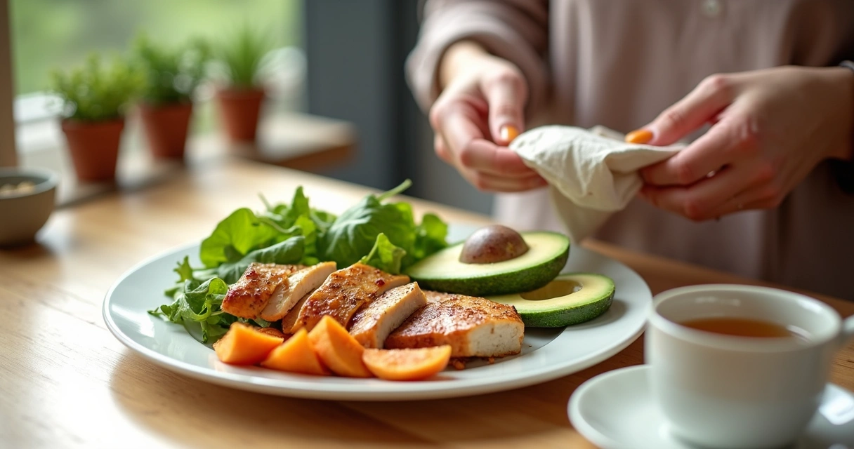 Prato saudável colorido em mesa feminina com chá