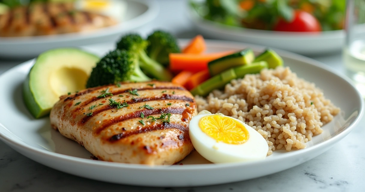 Prato com legumes, arroz, carne grelhada e ovos 