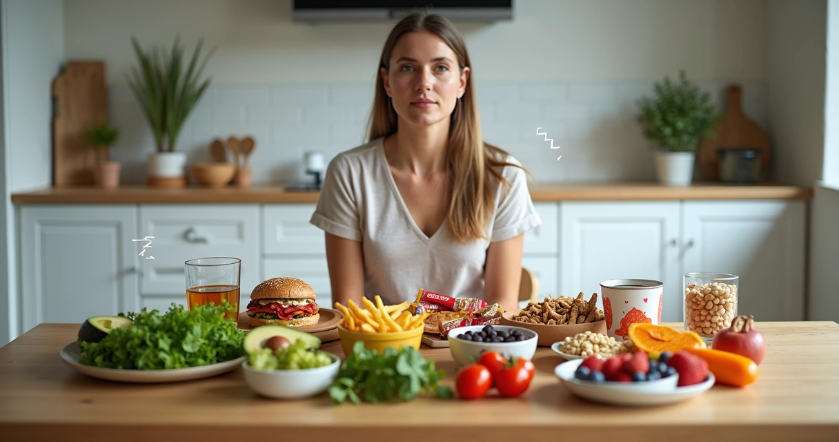 Mulher escolhendo alimentos saudáveis em uma mesa dividida entre opções balanceadas e ultraprocessadas 