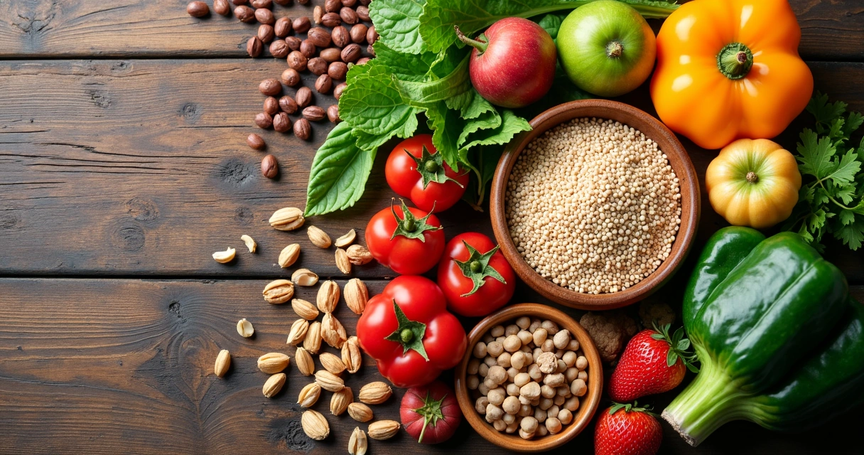 Prato com alimentos ricos em fibras, como frutas, verduras e grãos integrais 