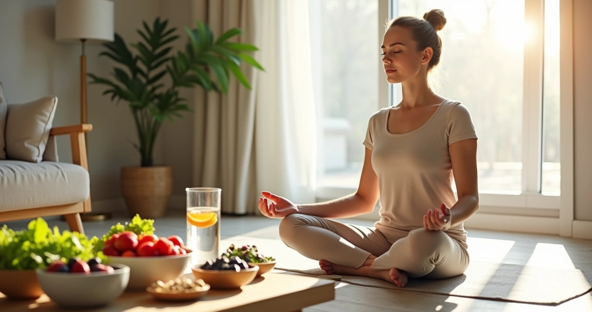 Mulher meditando em tapete ao lado de alimentos naturais coloridos 