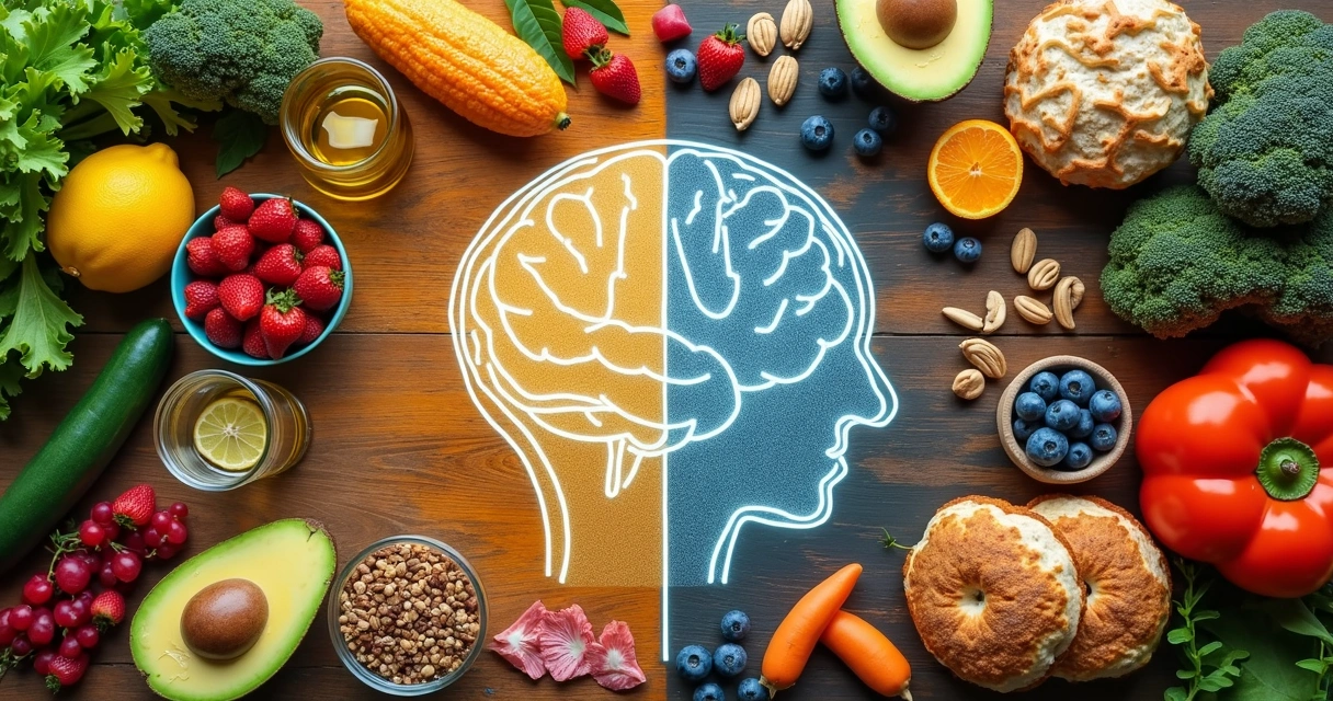 Mesa dividida com alimentos naturais e ultraprocessados refletidos em silhueta de cabeça humana 