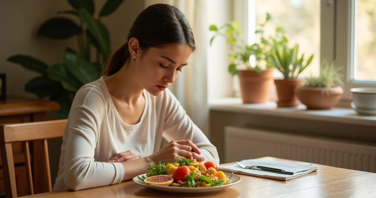 Pessoa aprecia refeição colorida olhando cada alimento de perto