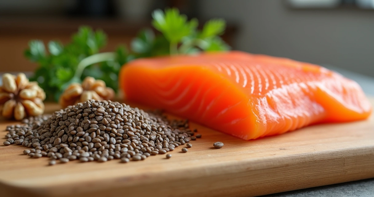 Sementes de chia e linhaça ao lado de nozes e pedaço de salmão em tábua de madeira, representando fontes de ômega-3.