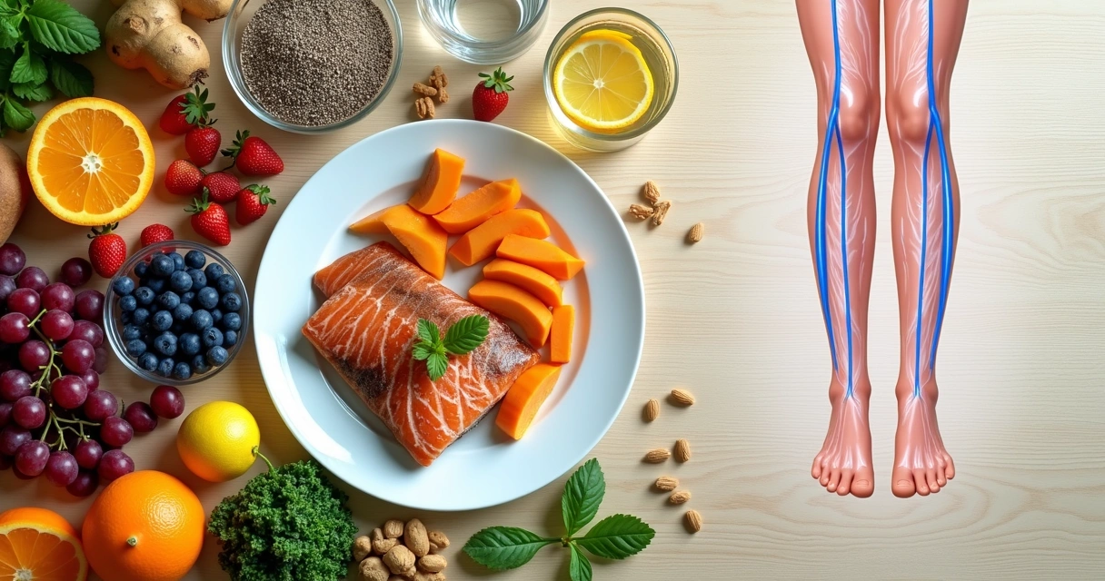 Mesa com alimentos saudáveis e anatomia de pernas destacando veias 