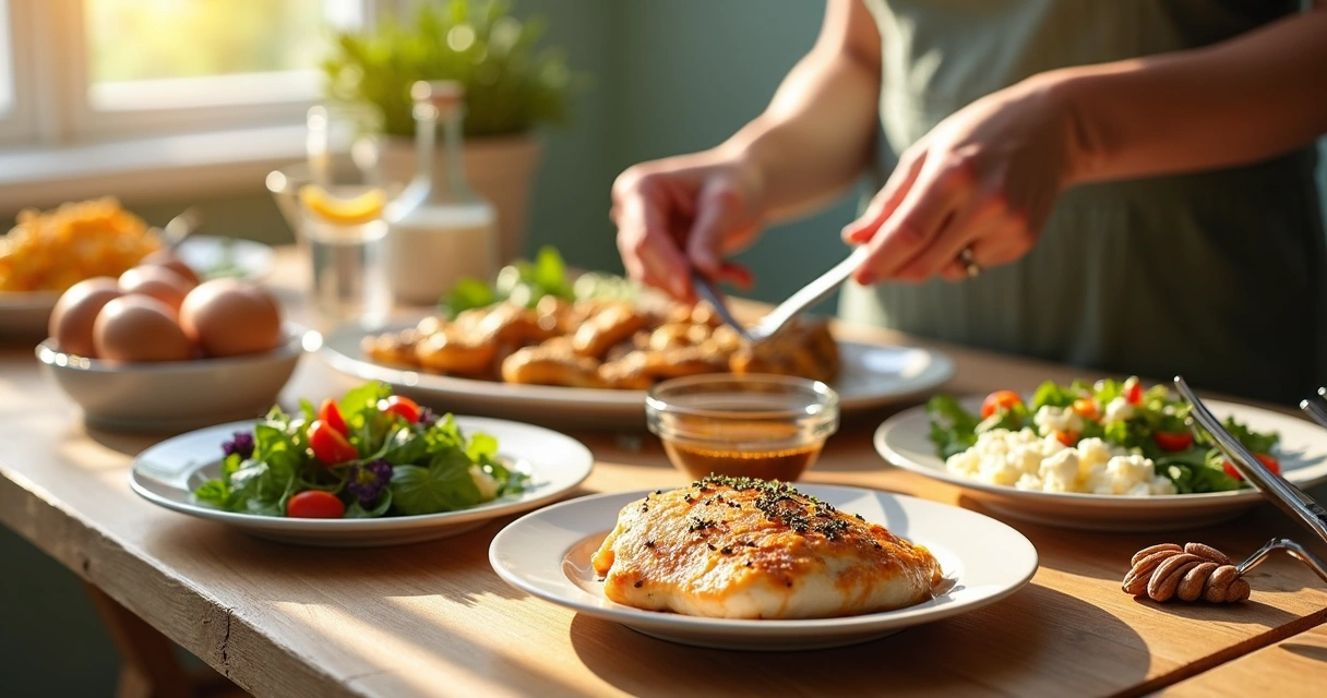 Mesa com alimentos ricos em proteína para mulheres maduras