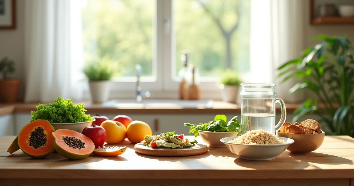 Mesa posta com alimentos ricos em fibras naturais 