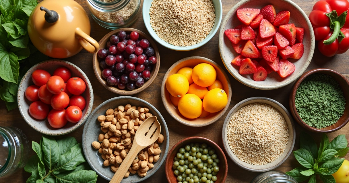 Alimentos frescos, frutas variadas e fibras em tigelas de madeira na mesa 