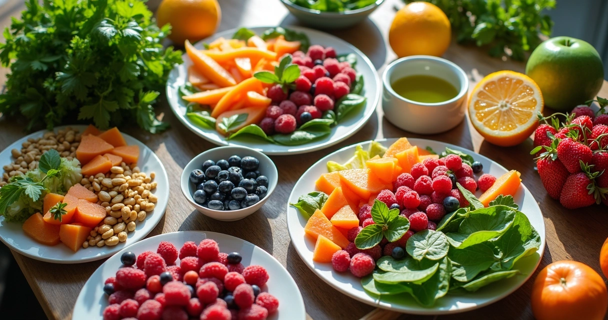 Mesa com alimentos ricos em antioxidantes e vegetais 