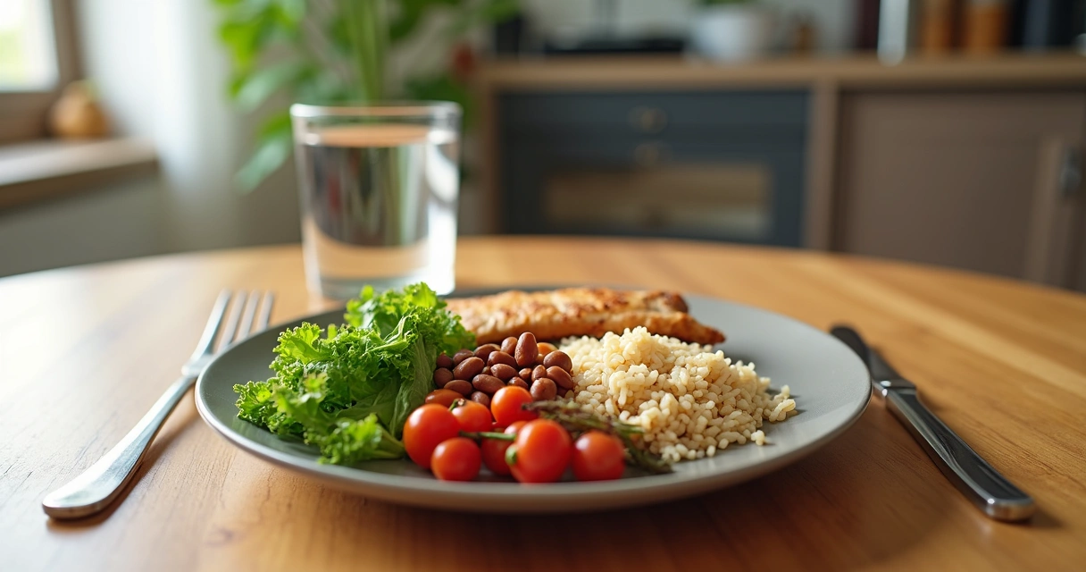 Prato colorido com vegetais frescos, arroz integral, feijão e uma pequena porção de carne grelhada
