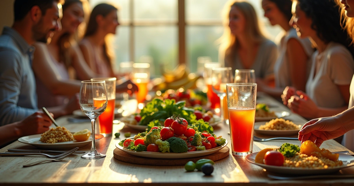 Mesa de cozinha com refeições saudáveis, vegetais frescos e grupo de amigos cozinhando juntos.