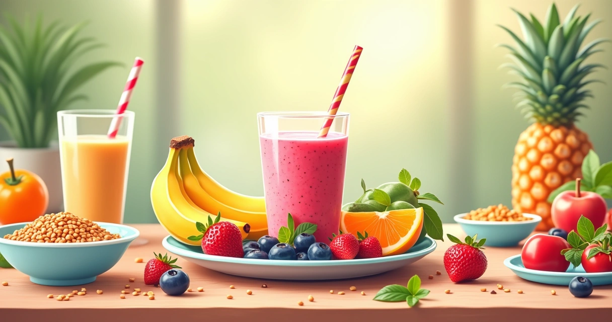 Prato colorido com smoothie de frutas, lentilhas e laranjas em mesa de madeira, evocando saúde.
